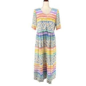 Vtg 80s 90s Two Potato Artsy A Line Midi Dress Womens M Sheer NOS Coastal Pastel